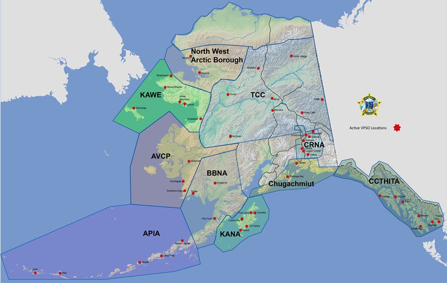 Map of Alaska with VPSO employer program regions and communities.